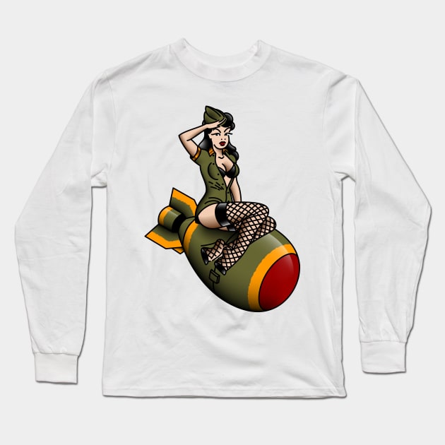 American Traditional Patriotic Atomic Bomb Belle Pin-up Girl Long Sleeve T-Shirt by OldSalt